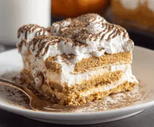 Delicious Pumpkin Icebox Cake with creamy pumpkin filling layered between graham crackers, topped with whipped cream and cinnamon for a fall-inspired dessert.