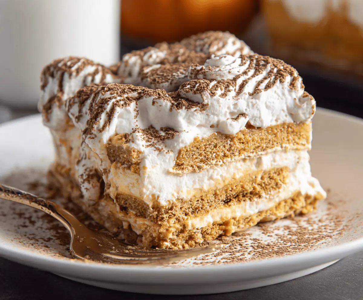 Delicious Pumpkin Icebox Cake with creamy pumpkin filling layered between graham crackers, topped with whipped cream and cinnamon for a fall-inspired dessert.