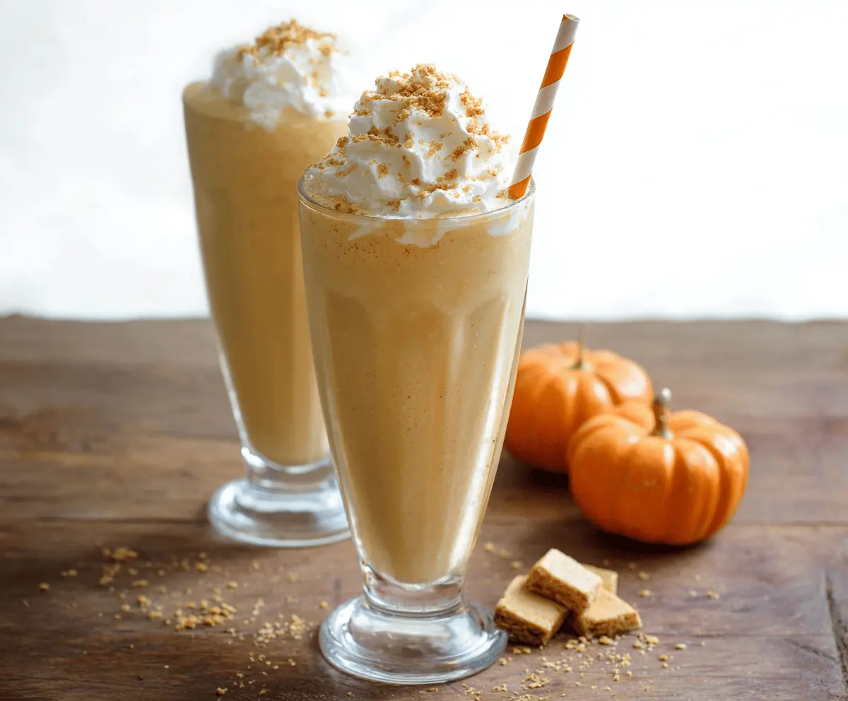 Creamy pumpkin milkshake topped with whipped cream and cinnamon, served in a tall glass for a delicious fall dessert.