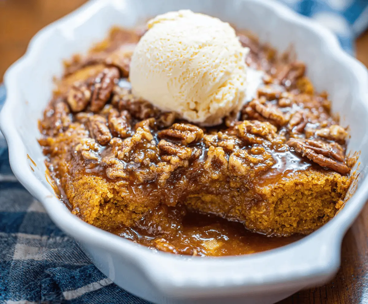 Delicious Pumpkin Pecan Cobbler topped with whipped cream and chopped pecans, served in a rustic baking dish perfect for fall desserts.