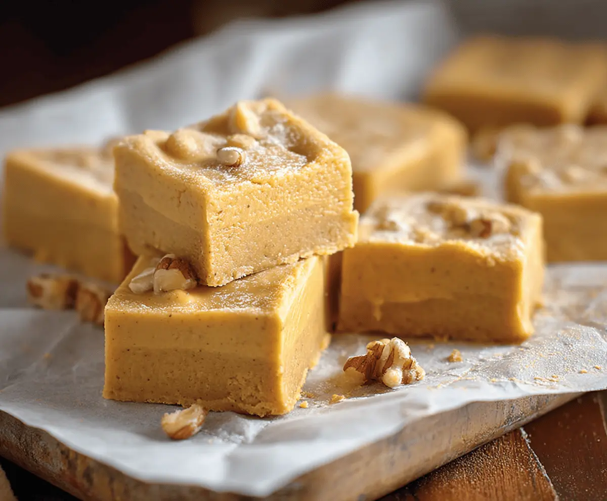 Creamy Pumpkin Pie Fudge topped with whipped cream and a sprinkle of cinnamon, perfect for fall dessert cravings.