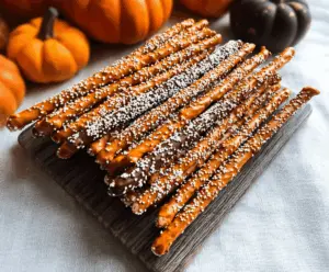 Sweet and salty Pumpkin Pretzel Rods topped with orange chocolate and festive sprinkles for a seasonal treat.