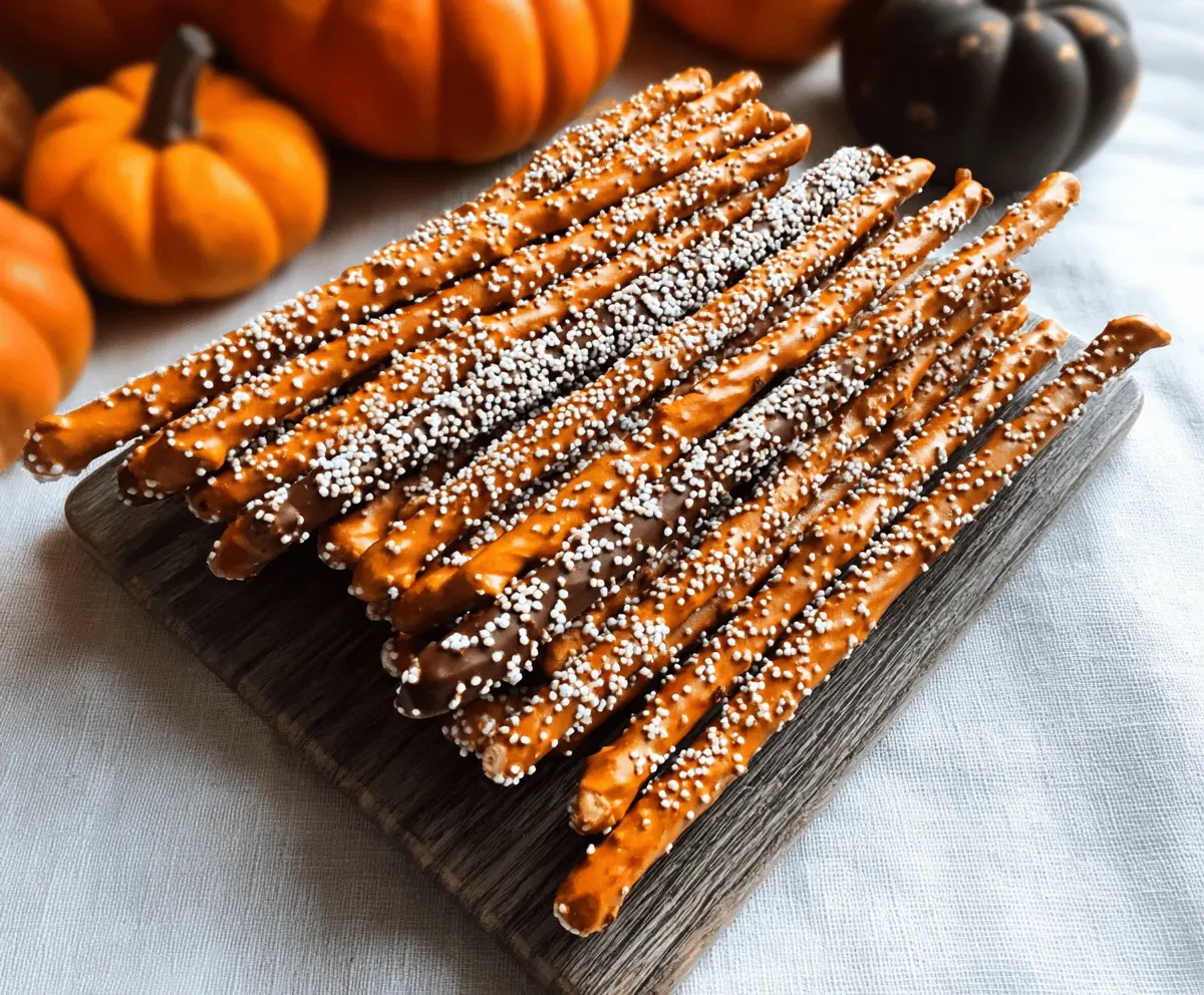 Sweet and salty Pumpkin Pretzel Rods topped with orange chocolate and festive sprinkles for a seasonal treat.