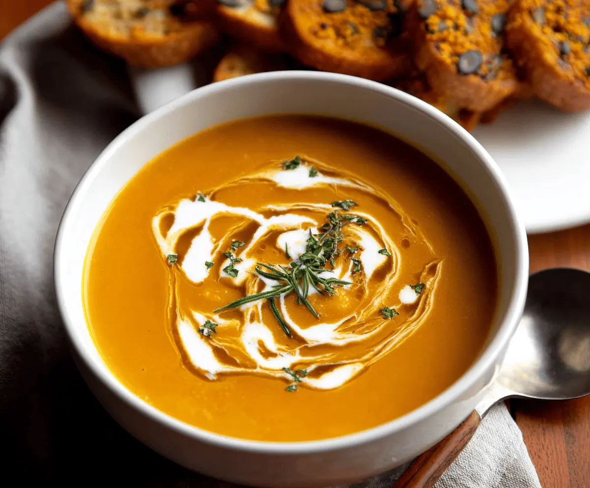Creamy pumpkin soup garnished with fresh herbs in a rustic bowl, perfect for fall comfort food