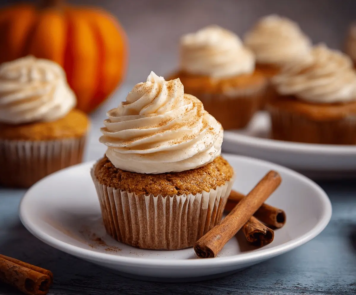 Delicious homemade pumpkin spice cupcakes topped with creamy frosting and a sprinkle of cinnamon, perfect for fall desserts.