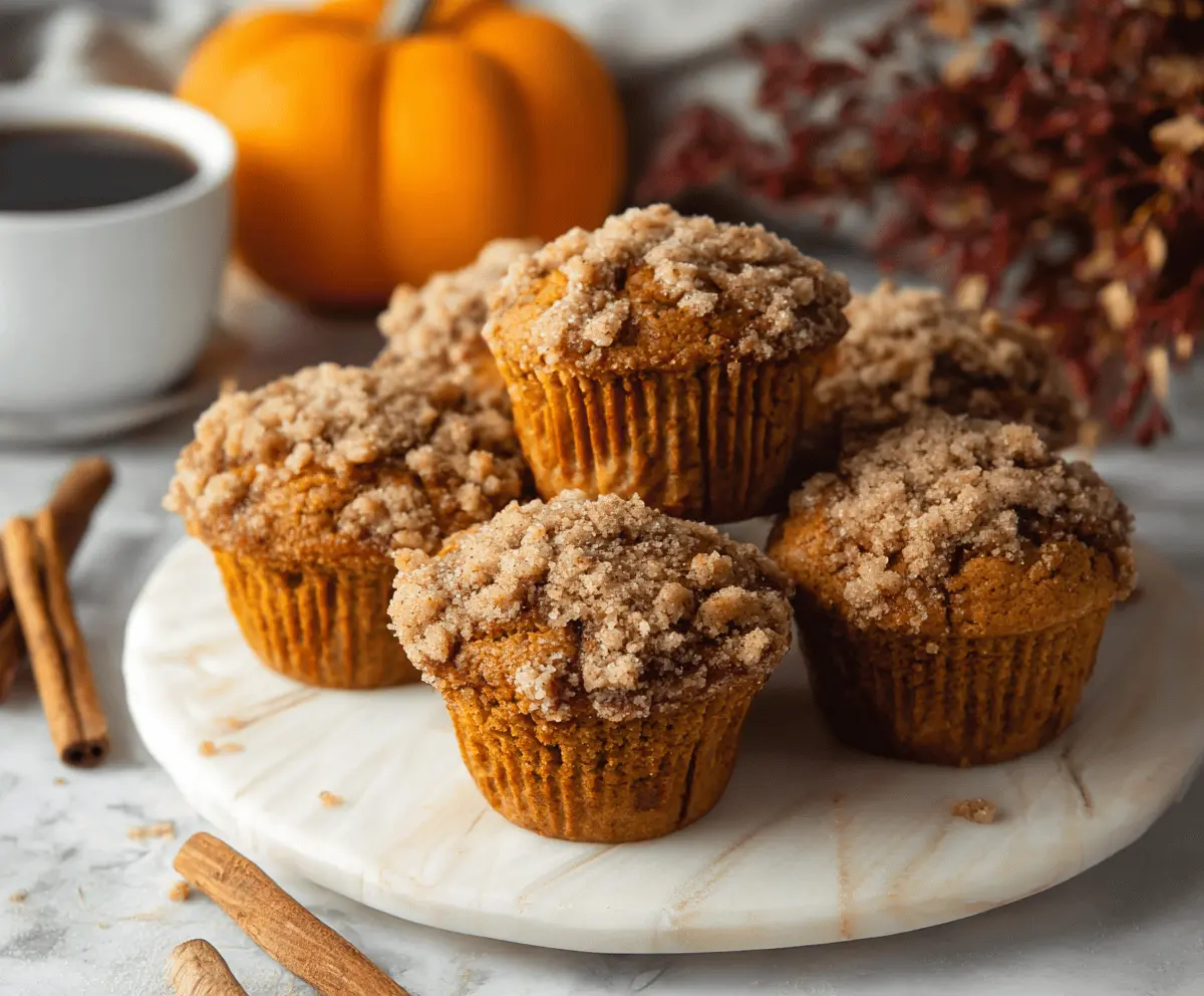 Golden Pumpkin Streusel Muffins topped with crumbly streusel and a sprinkle of cinnamon, ready to enjoy for breakfast or a snack.