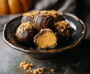 Delicious homemade pumpkin truffles with a chocolate coating and festive fall decorations