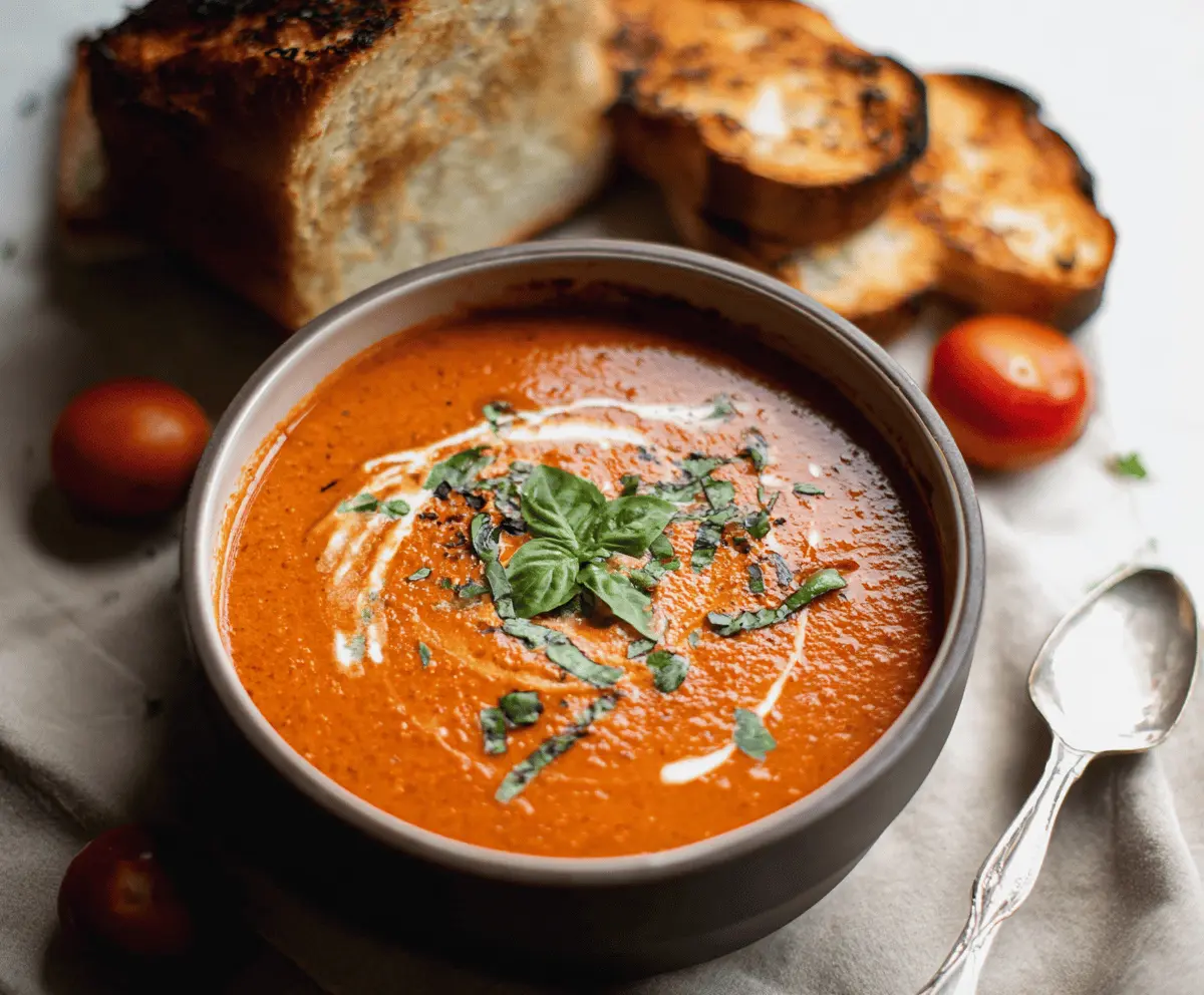 A bowl of creamy roasted tomato basil soup garnished with fresh basil leaves and served with crusty bread on the side.