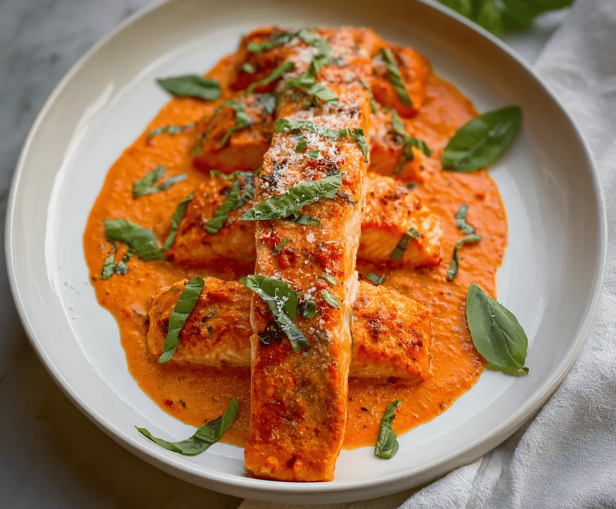 Delicious grilled salmon fillet topped with vibrant roasted red pepper sauce served on a white plate