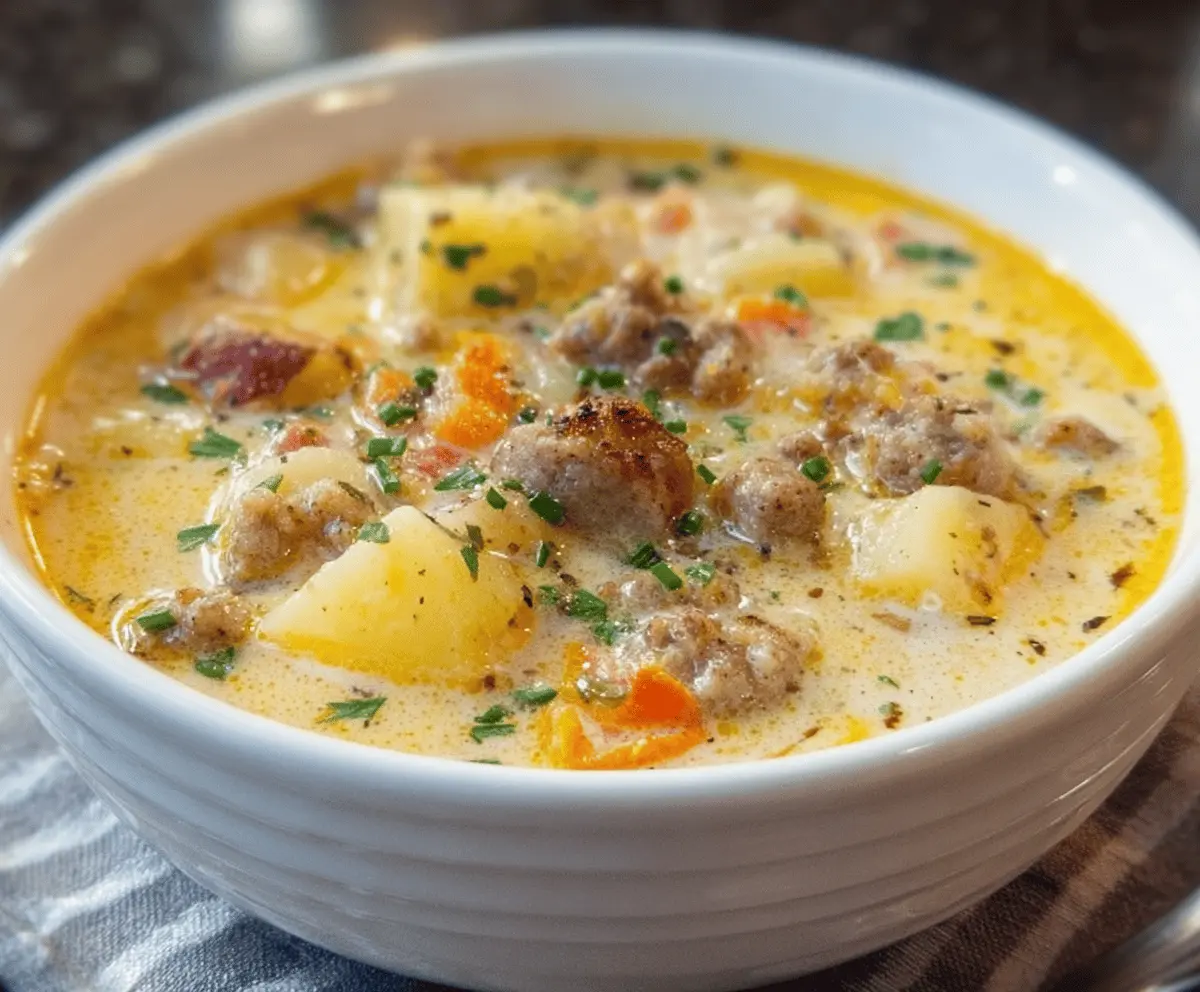 Creamy sausage potato soup in a bowl with sausage slices, diced potatoes, and fresh herbs, served hot for a comforting meal.