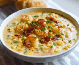 Creamy shrimp and corn chowder in a bowl topped with fresh herbs, showcasing a hearty seafood and vegetable soup perfect for a comforting meal.