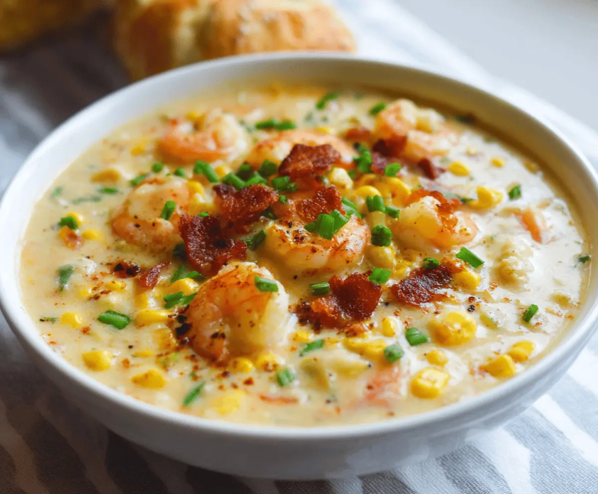 Creamy shrimp and corn chowder in a bowl topped with fresh herbs, showcasing a hearty seafood and vegetable soup perfect for a comforting meal.