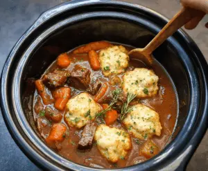 Hearty slow cooker beef stew topped with fluffy dumplings in a rustic bowl, featuring tender beef, vegetables, and savory broth