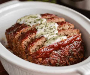 Juicy and flavorful slow cooker meatloaf topped with ketchup and herbs, ready to serve