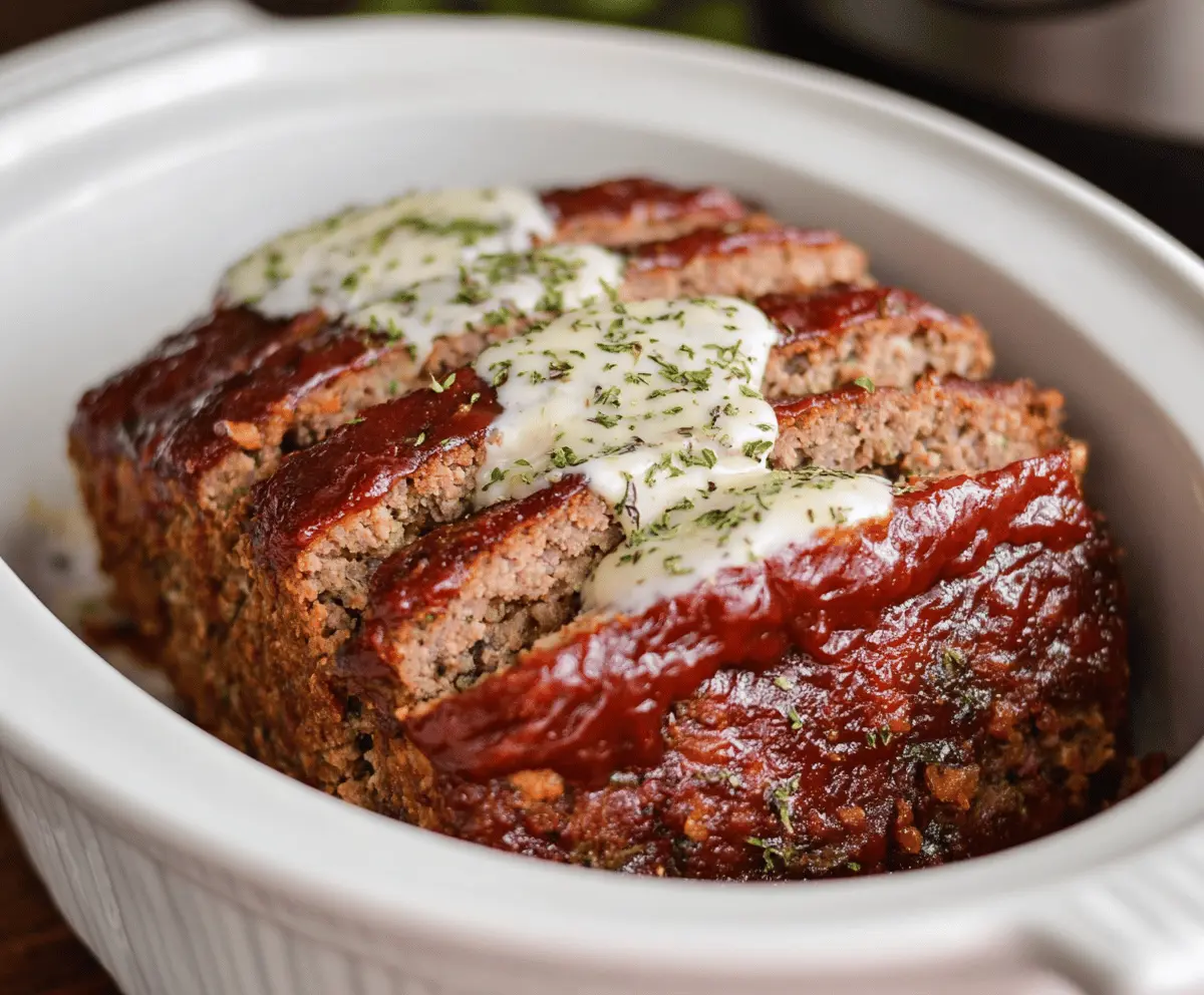 Juicy and flavorful slow cooker meatloaf topped with ketchup and herbs, ready to serve