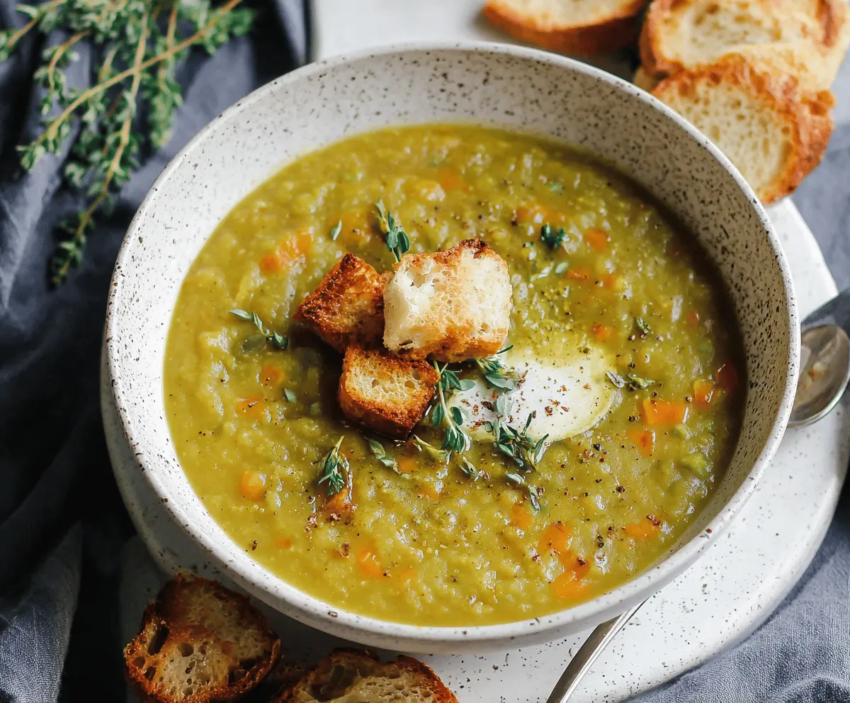 Creamy and hearty split pea soup served in a bowl with fresh herbs, perfect for a comforting meal