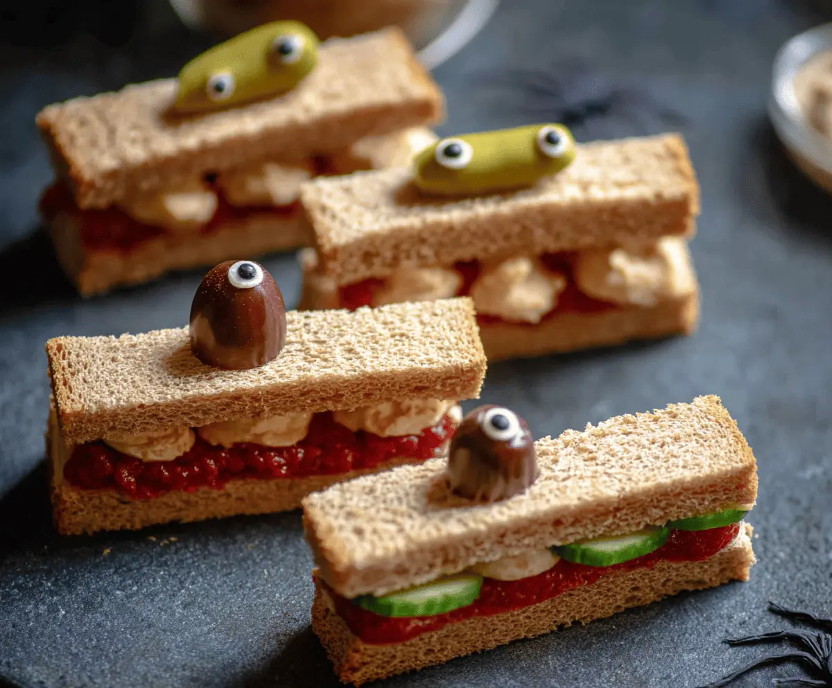 Delicious spooky finger sandwiches with creepy Halloween-themed decorations, perfect for Halloween parties and festivities.