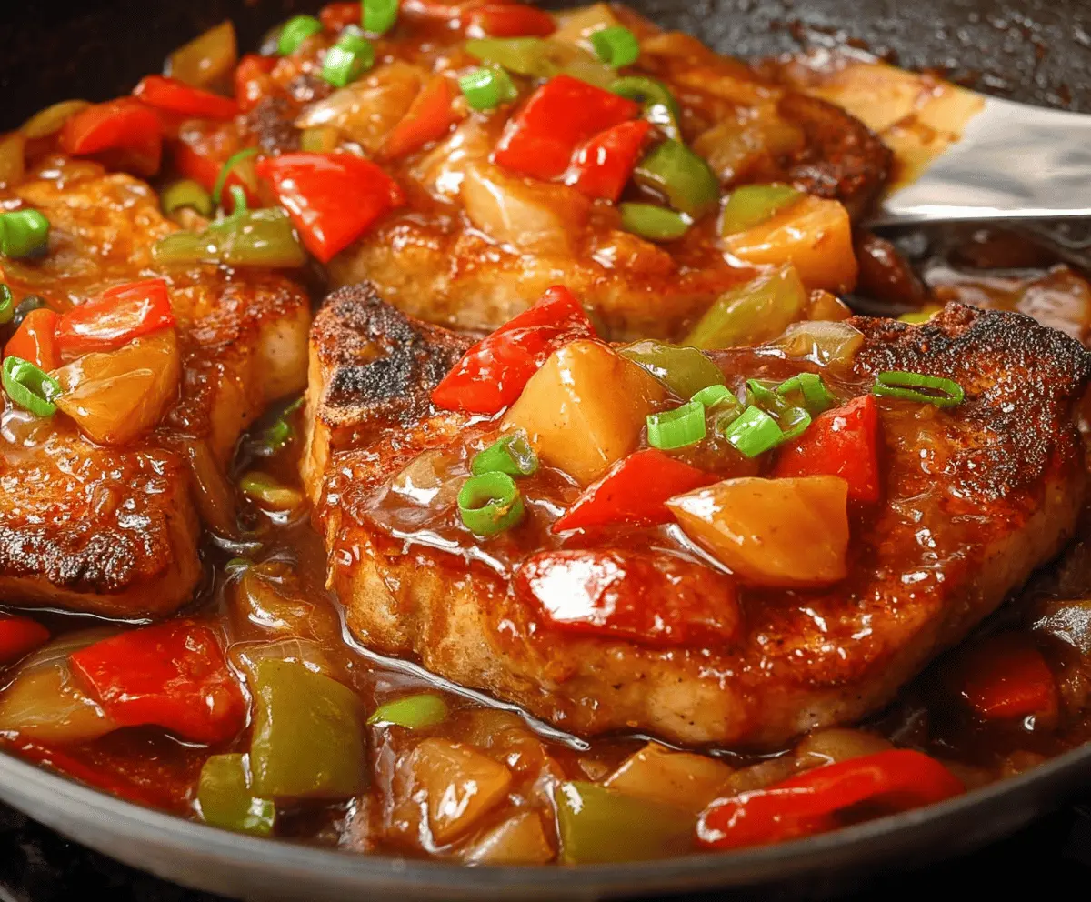 Delicious sweet and sour pork chops served with colorful vegetables on a white plate, perfect for a flavorful meal.