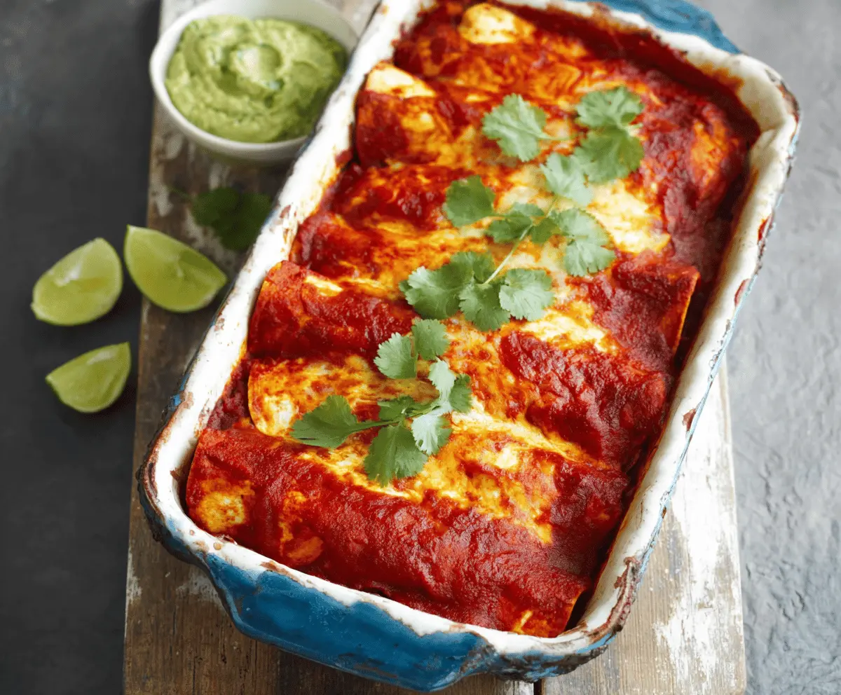 Delicious sweet potato and chickpea enchiladas topped with melted cheese and fresh cilantro on a serving plate.