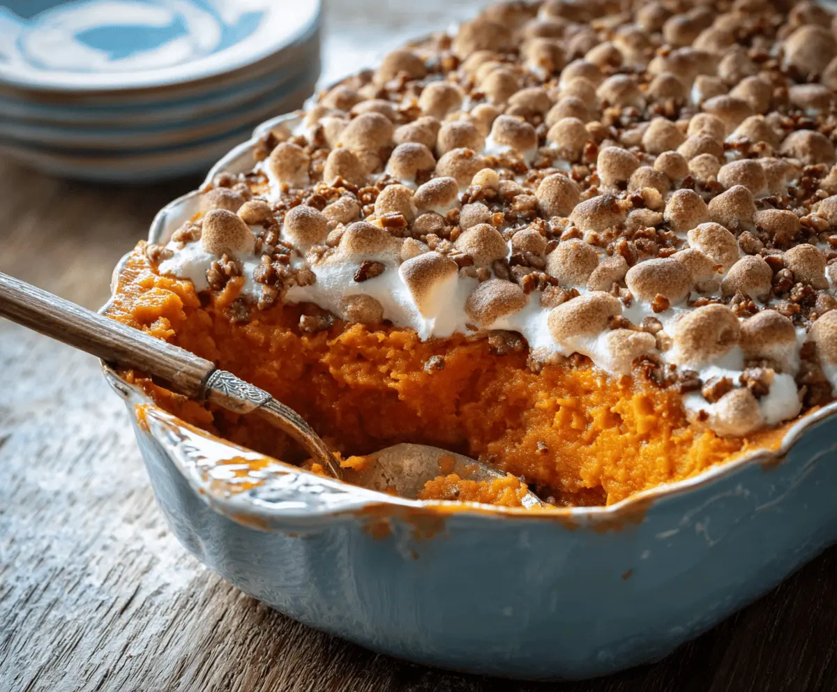 Delicious sweet potato casserole topped with marshmallows and pecans, ready to serve as a festive holiday side dish