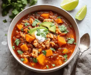 Hearty Sweet Potato Chicken Chili in a bowl with fresh herbs and toppings, perfect for a comforting meal