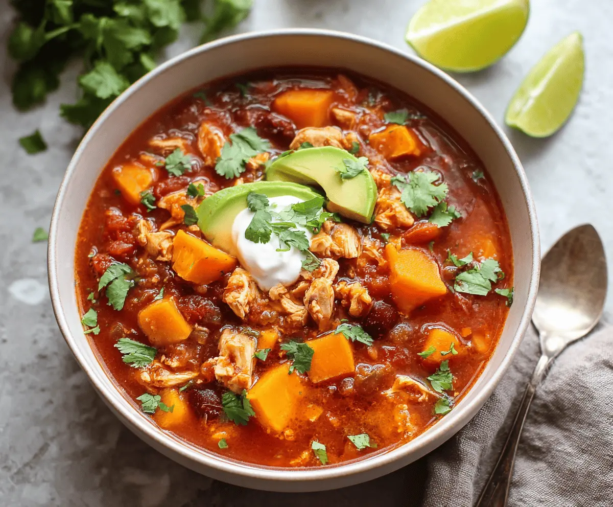 Hearty Sweet Potato Chicken Chili in a bowl with fresh herbs and toppings, perfect for a comforting meal