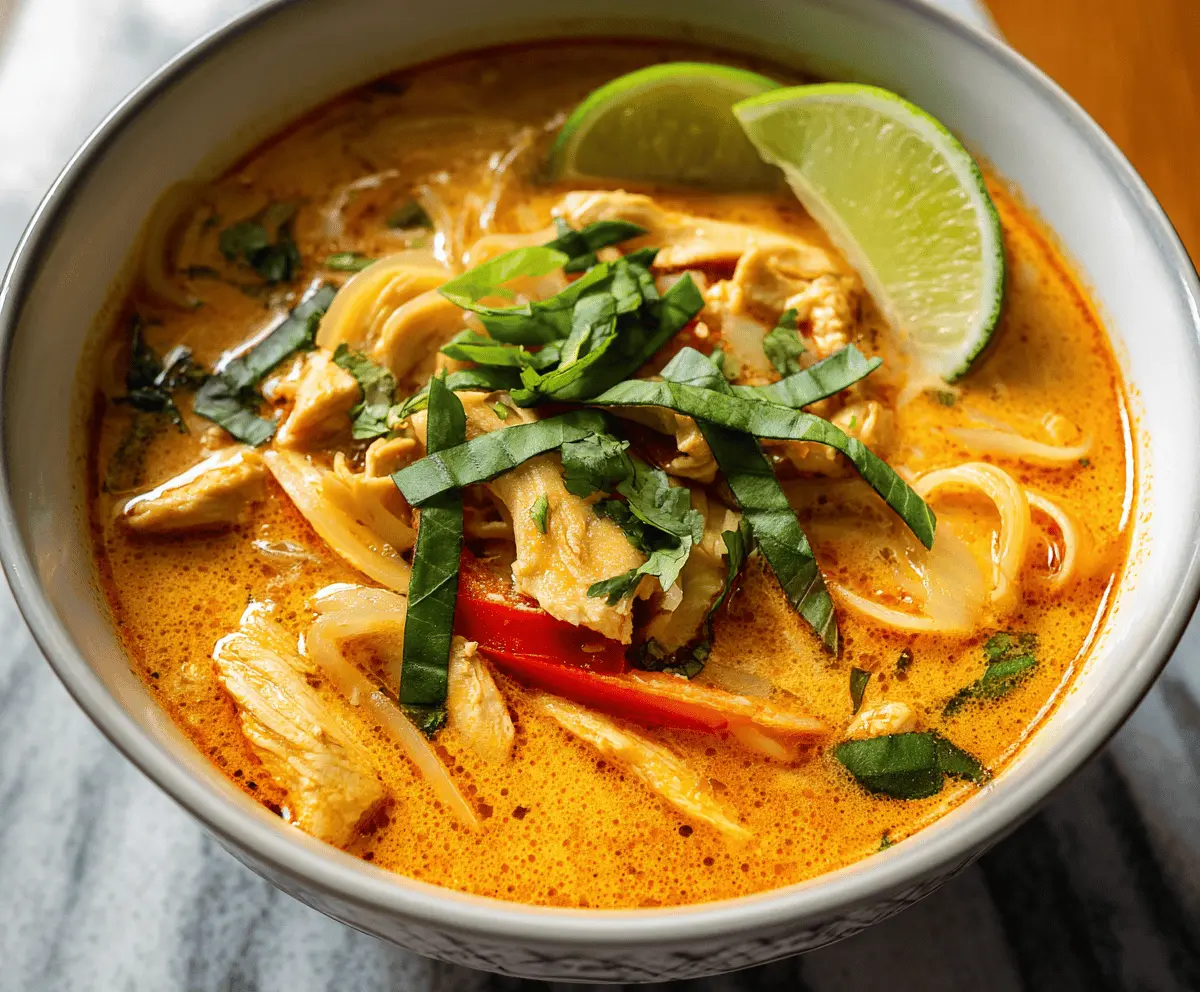 A steaming bowl of Thai Curry Chicken Soup garnished with fresh herbs, showcasing tender chicken, vibrant vegetables, and aromatic Thai spices.