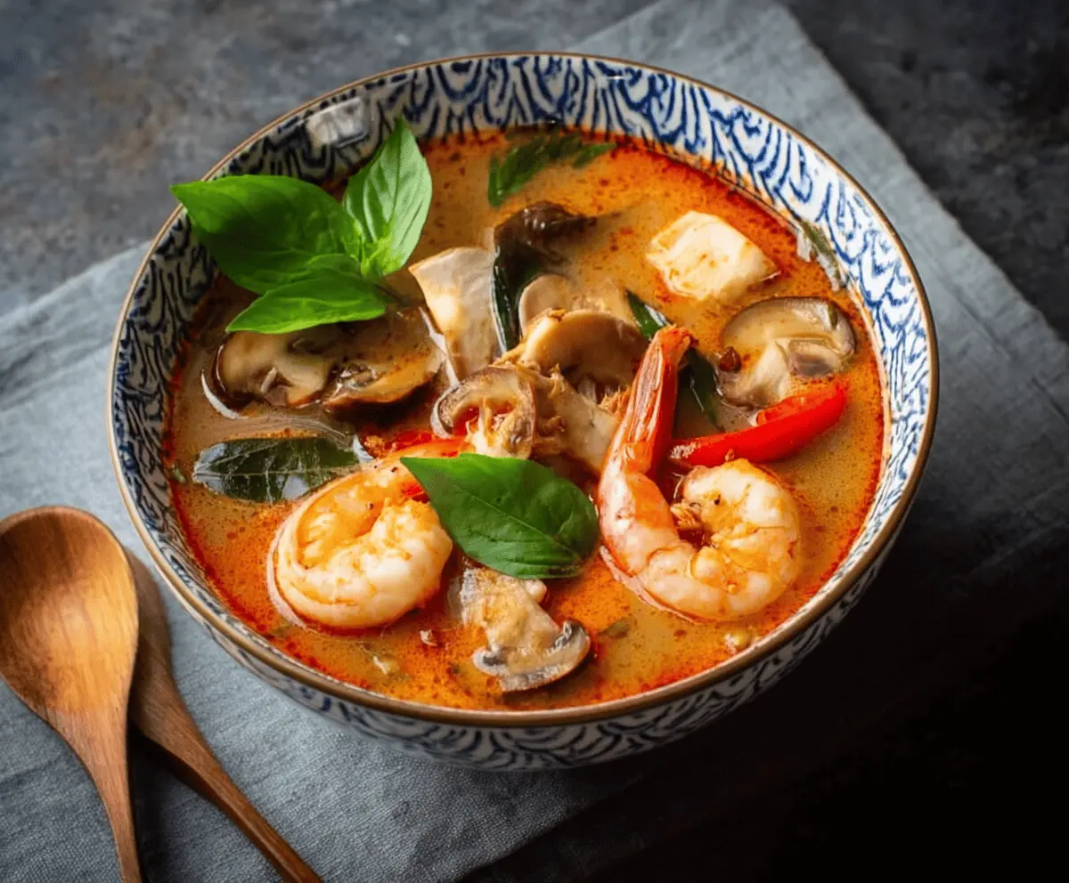 A steaming bowl of Tom Yum Soup with shrimp, mushrooms, fresh herbs, and vibrant chili slices served in a white ceramic bowl.