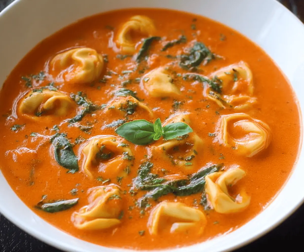 Creamy Tomato Tortellini Soup in a bowl garnished with fresh basil and grated Parmesan cheese, featuring colorful vegetables and tender tortellini pasta.