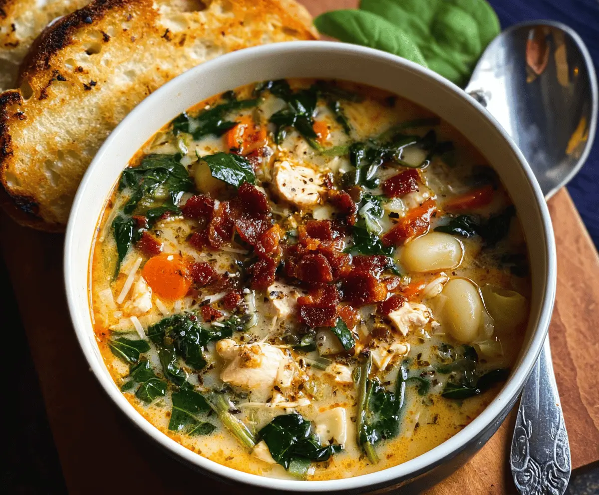 A steaming bowl of Tuscan Chicken Soup featuring tender chicken, fresh vegetables, and herbs in a flavorful broth, served with crusty bread on the side.
