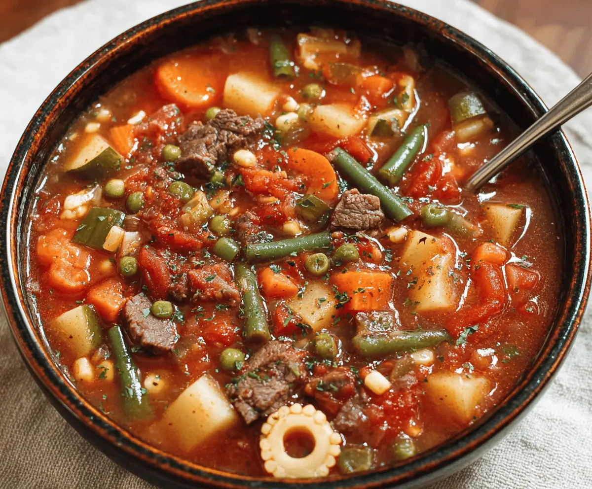 Hearty vegetable beef soup with tender beef chunks, fresh vegetables, and savory broth in a rustic bowl.