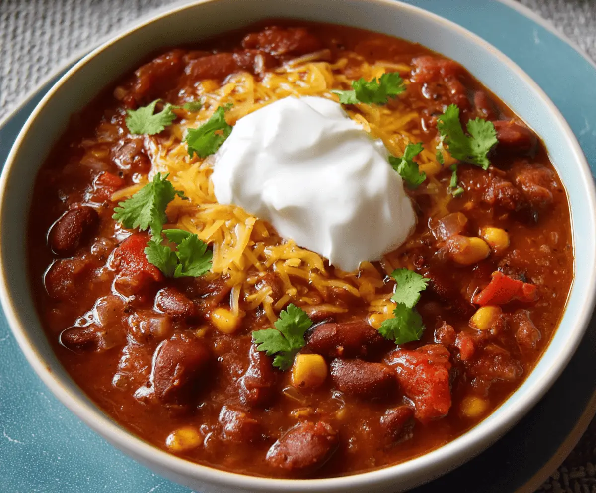 Colorful vegetarian chili with beans, vegetables, and spices served in a bowl, perfect for a hearty and healthy meal.