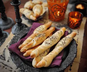 Creepy Witch Finger Breadsticks with almond fingernails and red almond "knuckles" on a serving platter for Halloween party appetizer
