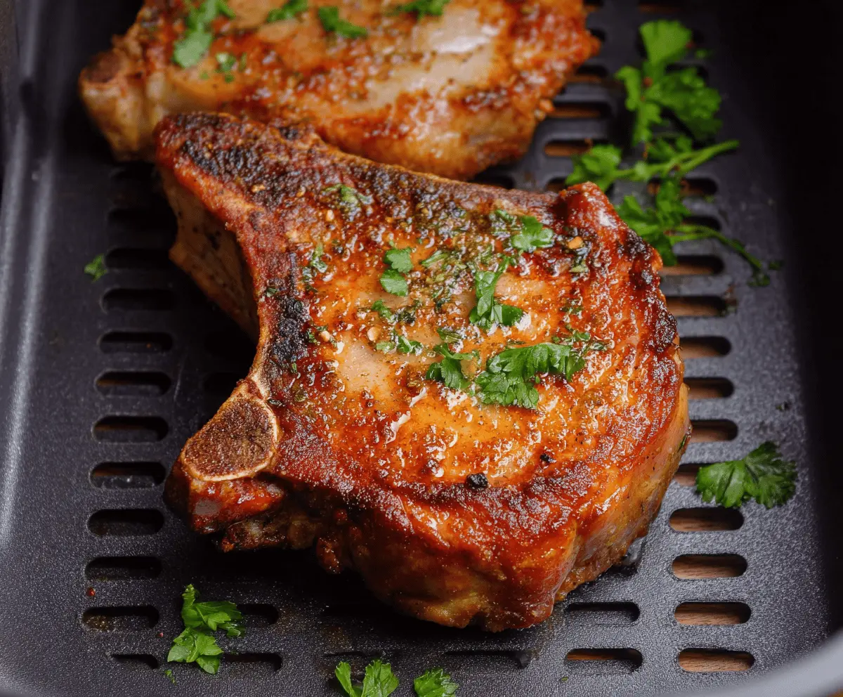 Juicy air fryer pork chops with golden-brown crust served on a plate.