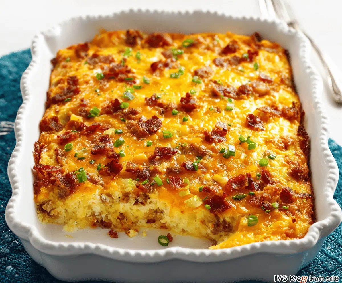 Delicious Amish Breakfast Casserole with eggs, cheese, and breakfast meats in a baking dish.
