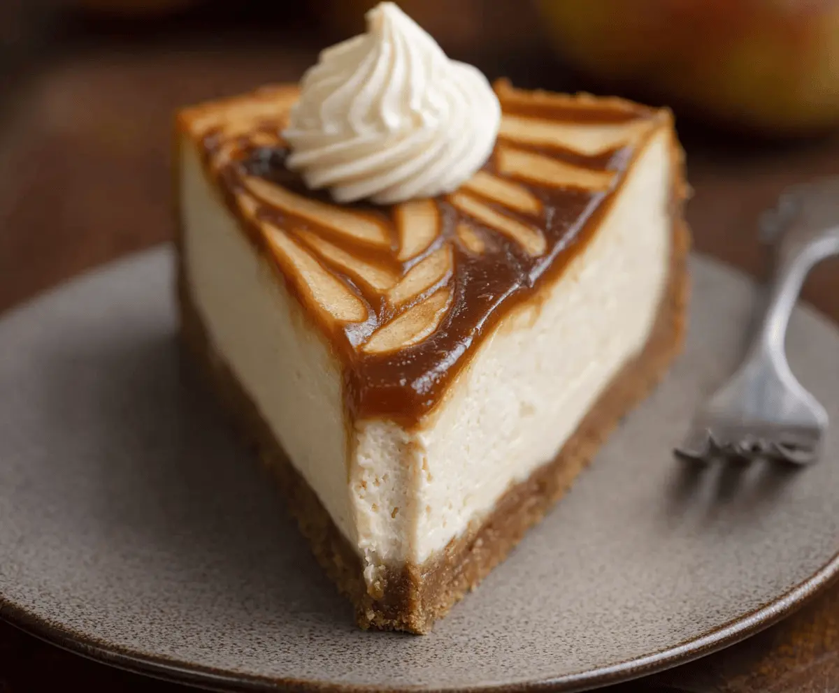 Creamy apple butter cheesecake topped with caramelized apple slices and a graham cracker crust.