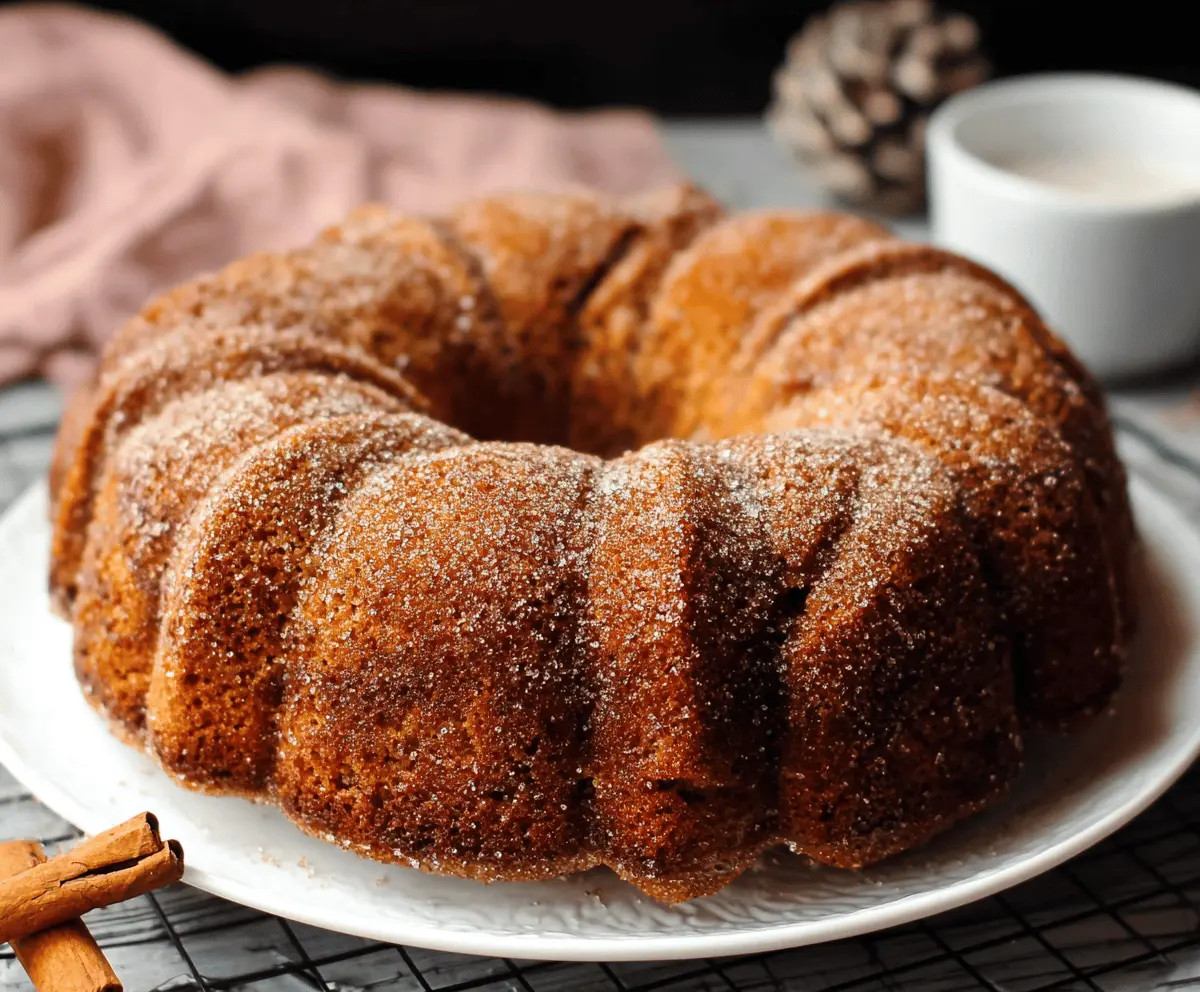 Delicious homemade apple cider bundt cake garnished with cinnamon and caramel drizzle.