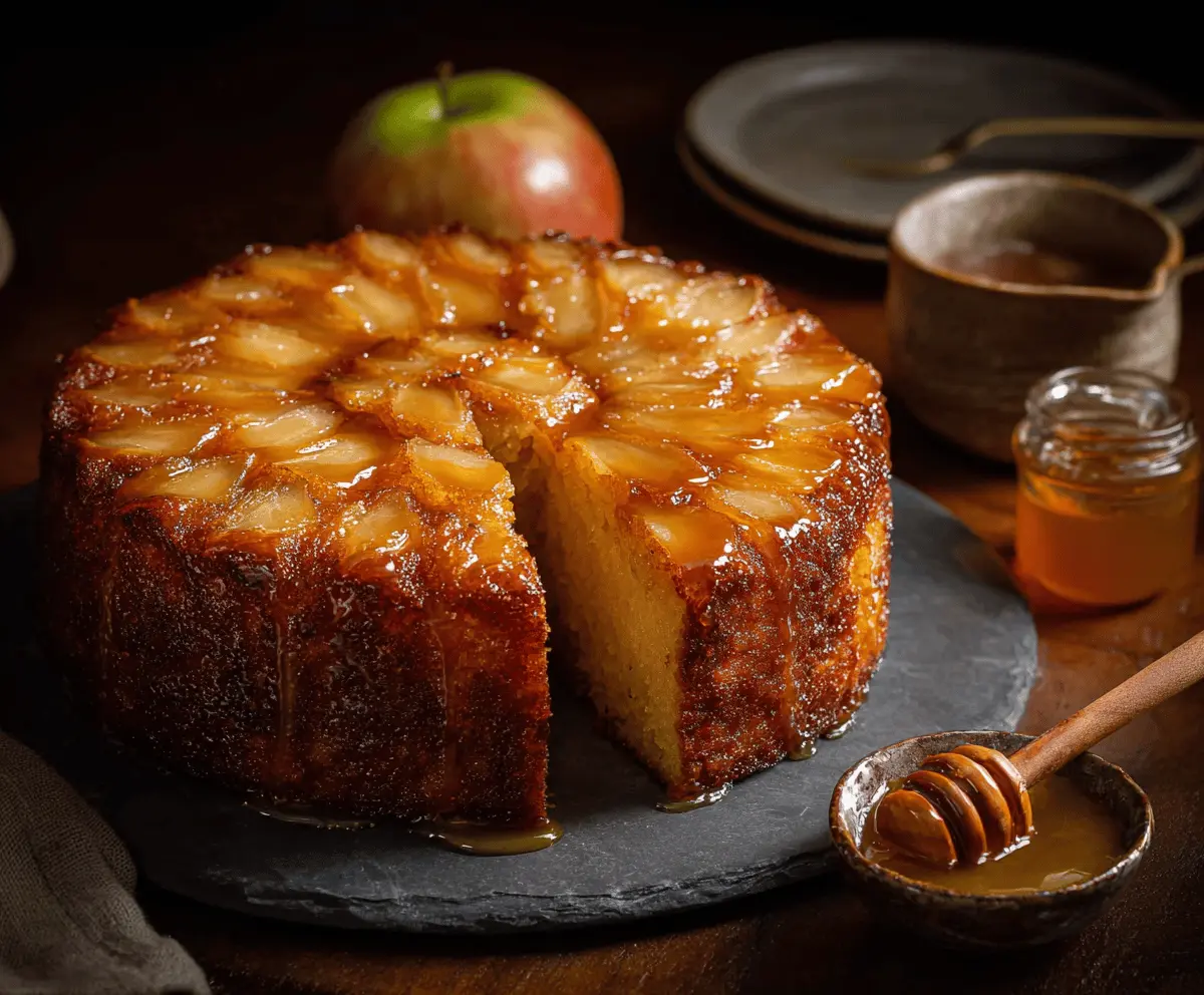 Delicious homemade apple honey cake with golden crust and fresh apple slices on top