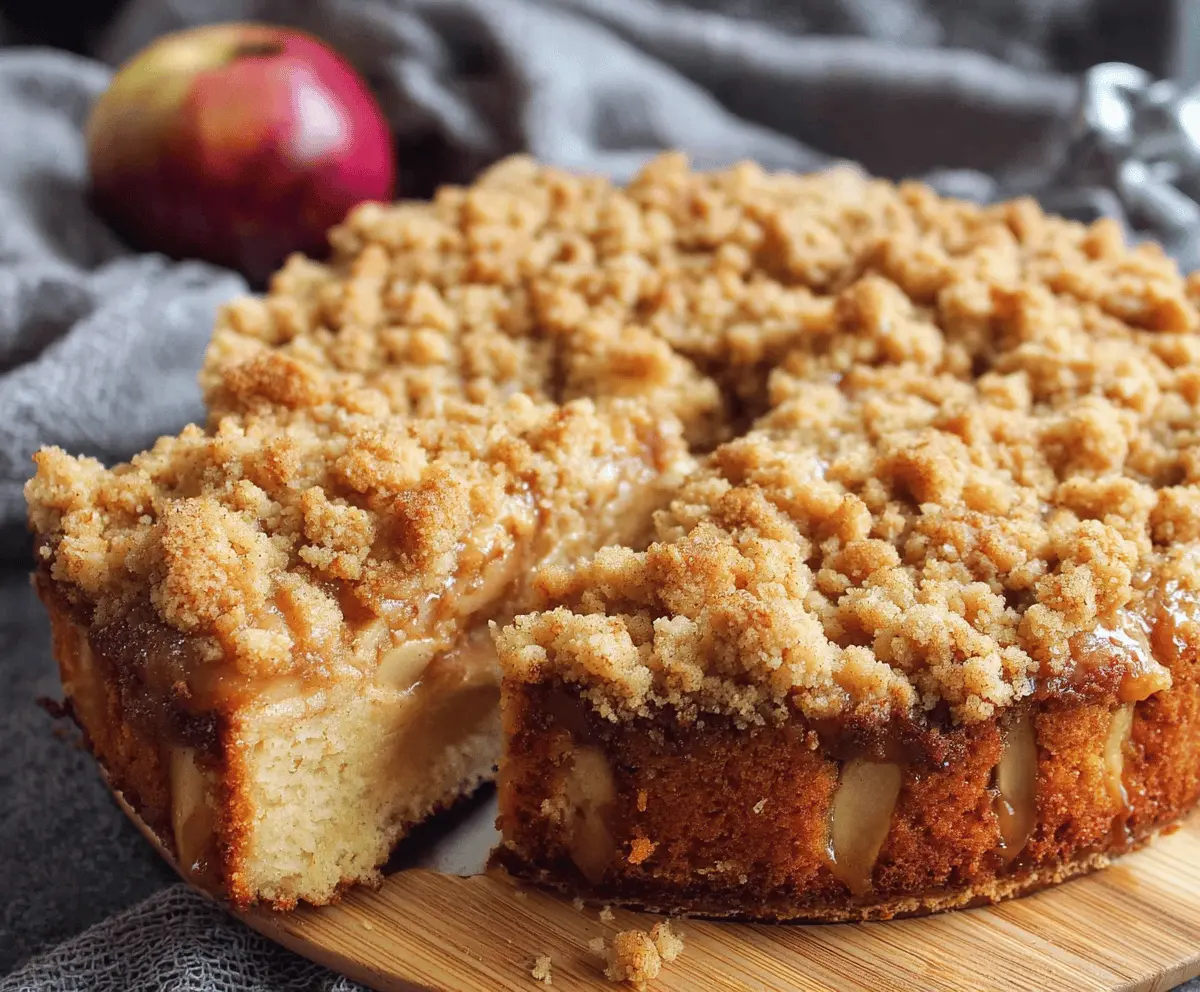 Delicious homemade Apple Streusel Cake with a golden crumble topping and fresh apple slices.