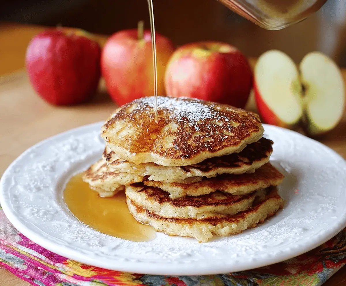 Delicious apple yogurt pancakes served with fresh fruit and syrup for a healthy breakfast.