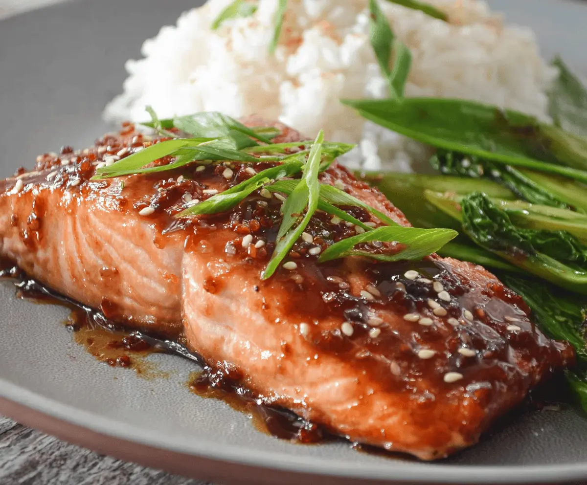 Delicious Asian glazed salmon fillet with shiny glaze and vibrant garnishes.