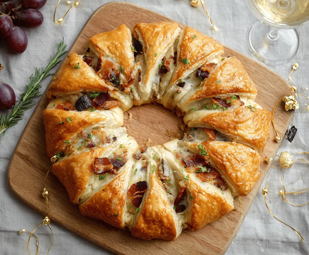 Delicious Bacon Brie Crescent Wreath garnished with fresh herbs on a white plate.