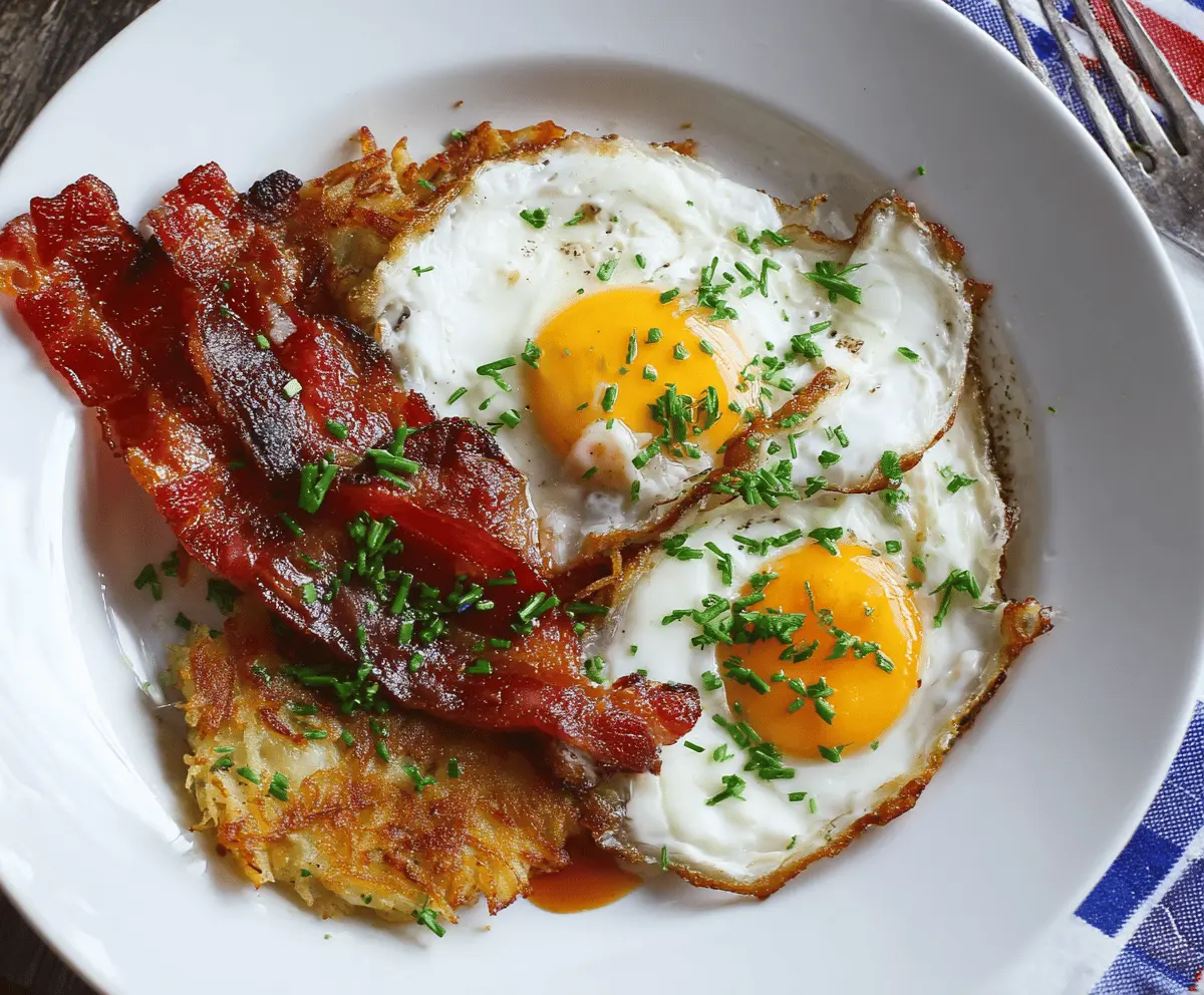 Delicious bacon hash browns with fried eggs on a plate for breakfast.