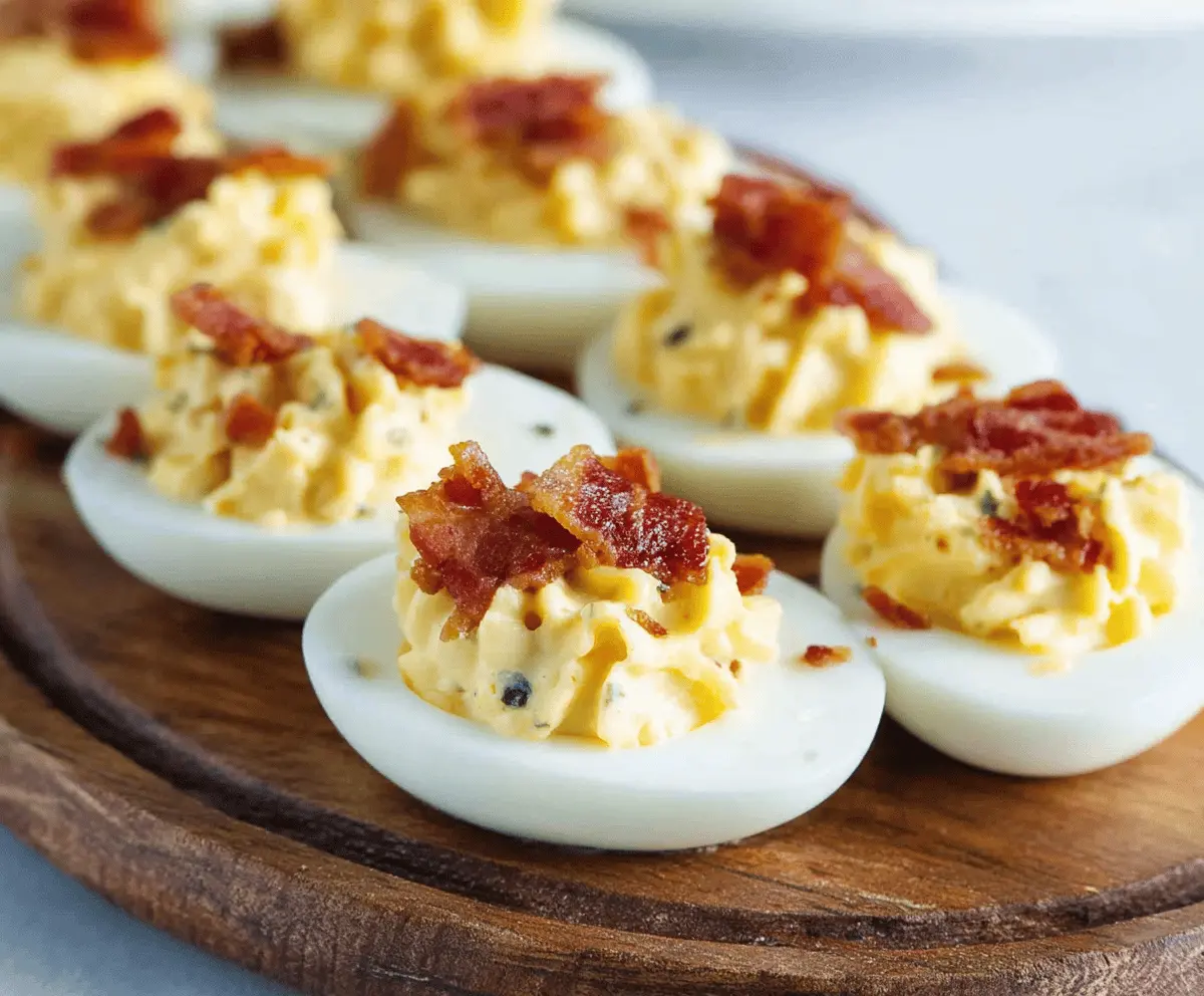 Delicious Bacon Ranch Deviled Eggs topped with crispy bacon bits and fresh herbs