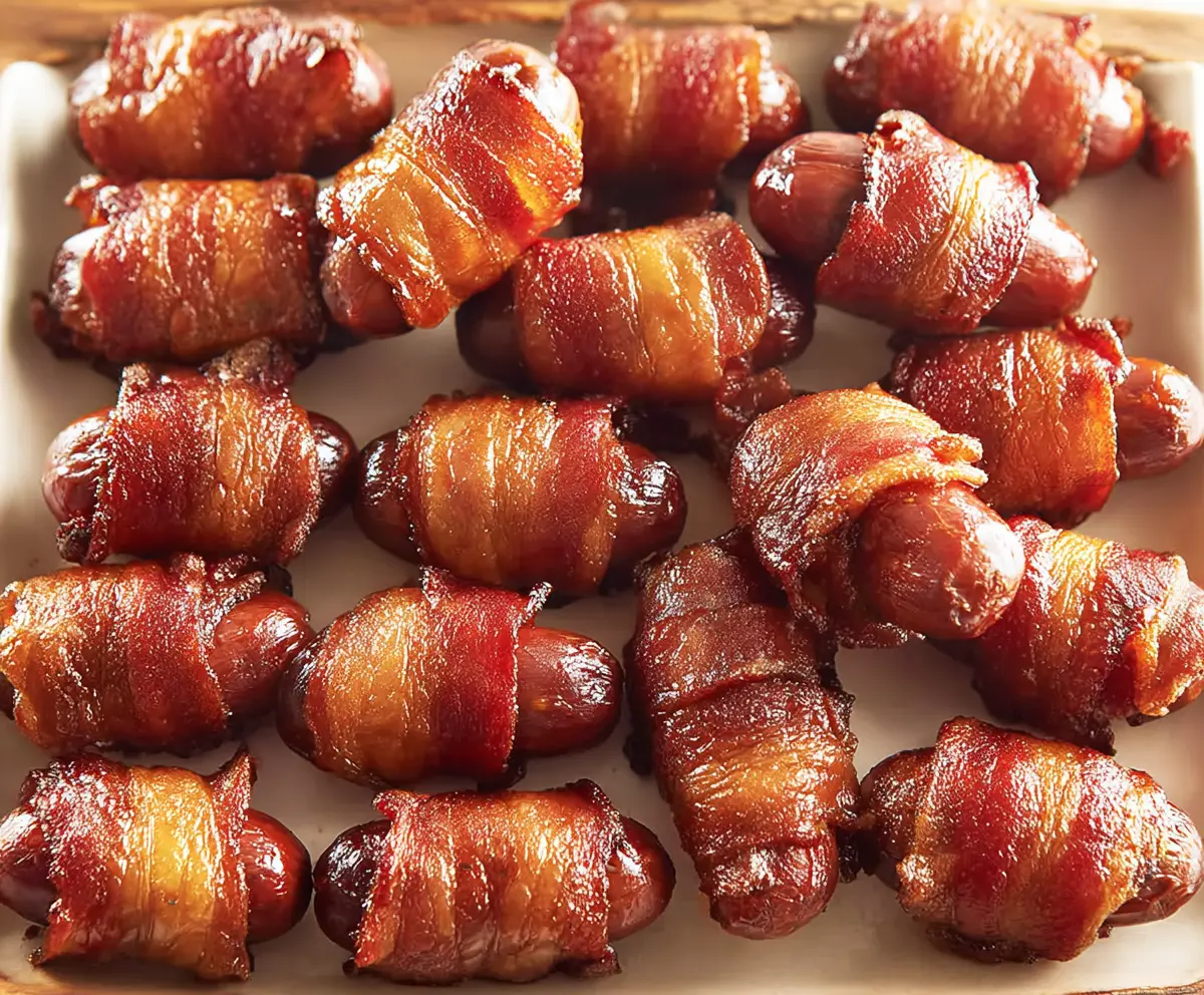 Bacon-Wrapped Little Smokies on a platter with crispy bacon and savory sausages