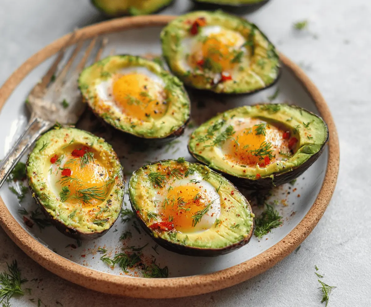 Photo of baked avocado egg boats topped with herbs, showcasing a healthy breakfast dish.
