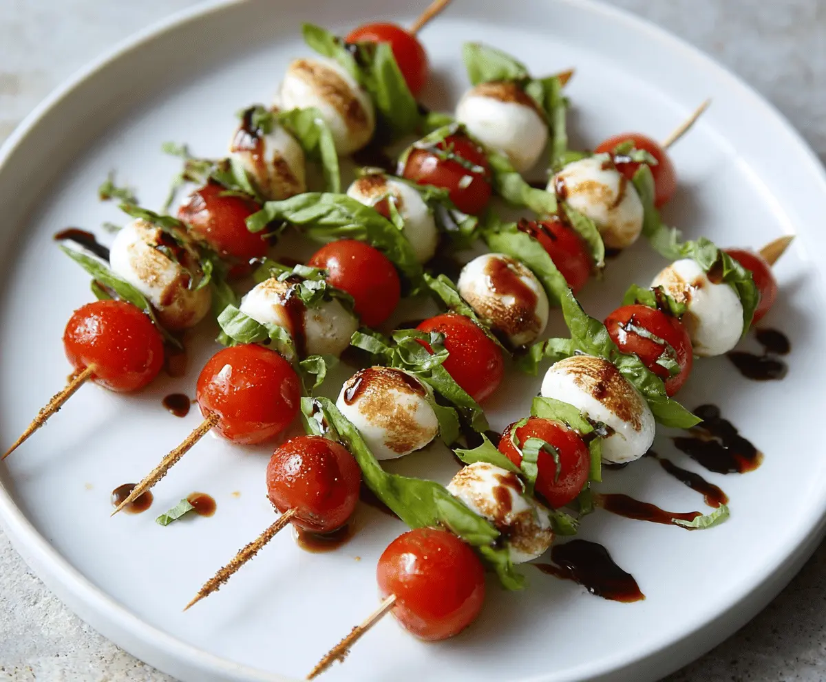 Balsamic glazed Caprese skewers with cherry tomatoes mozzarella and fresh basil on wooden platter