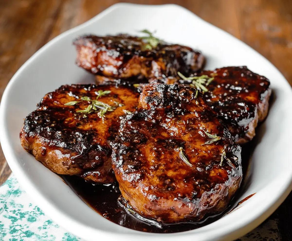 Juicy pork chops glazed with balsamic reduction served on a plate with fresh herbs.