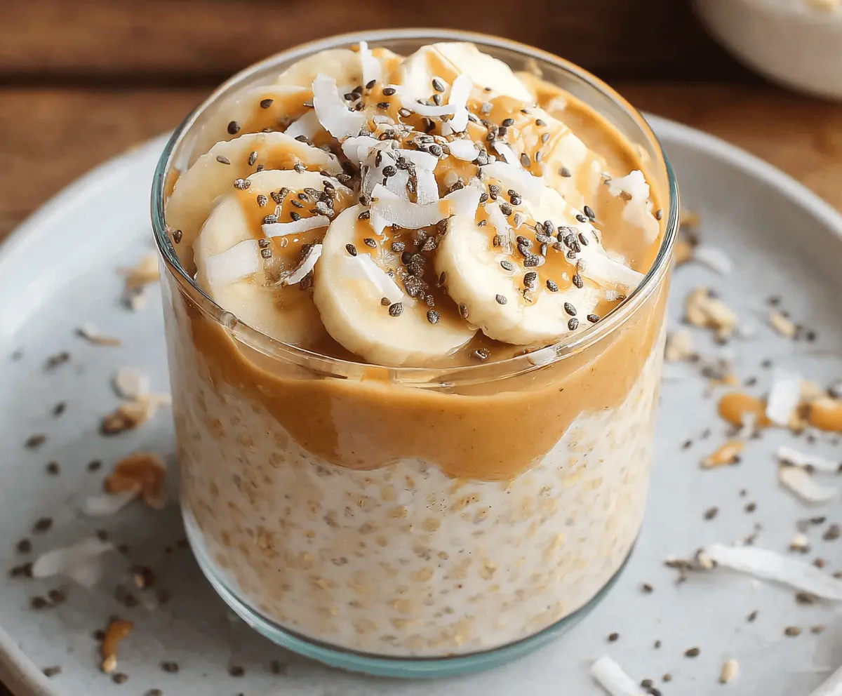 Delicious Banana Peanut Butter Overnight Oats in a clear glass jar, topped with sliced bananas and a drizzle of peanut butter.