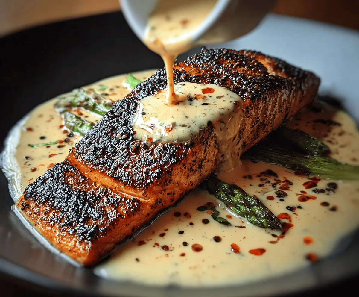 Delicious blackened salmon fillet topped with creamy Dijon sauce on a plate.